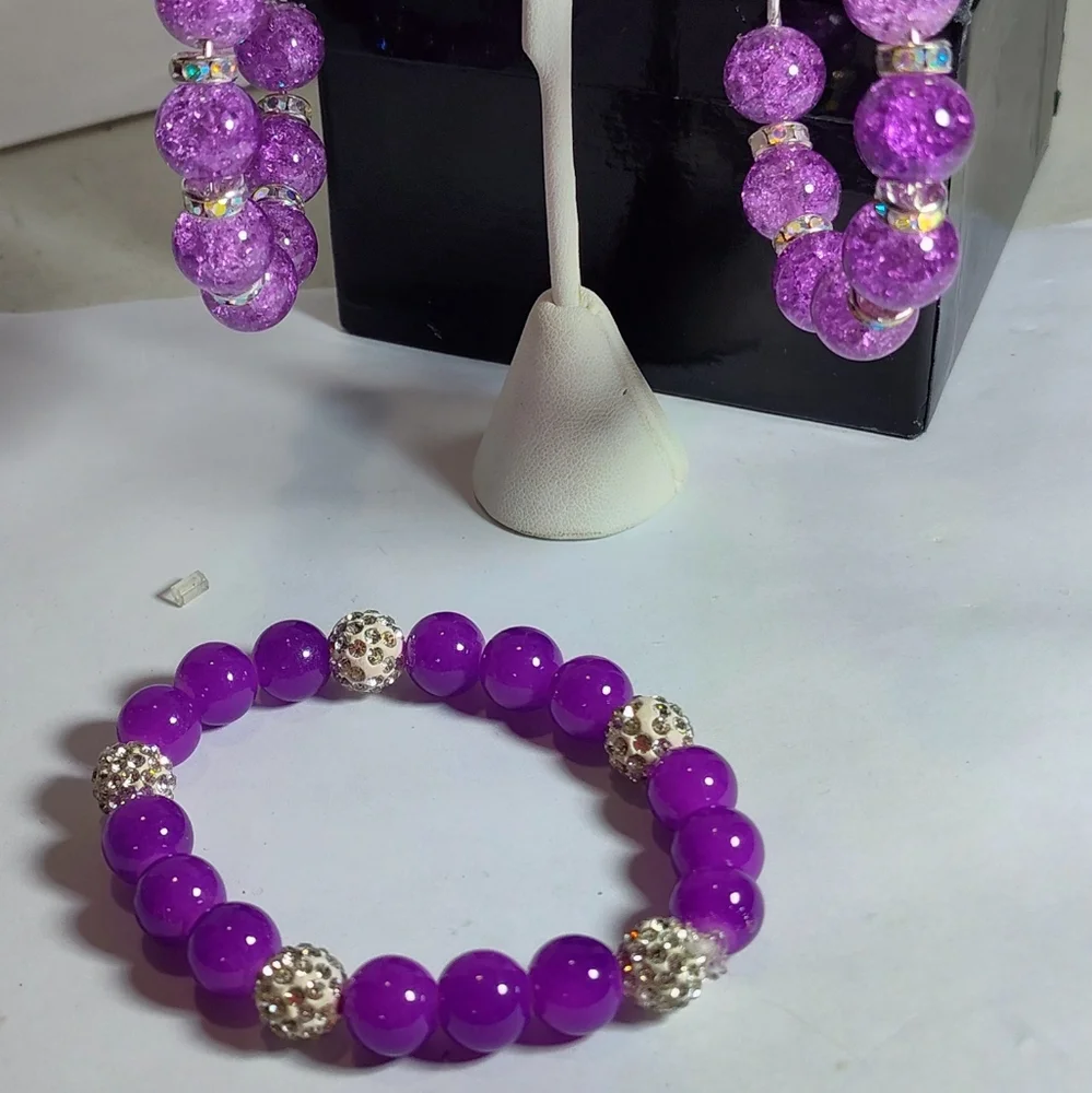 Purple Beaded Earrings Stretch Bracelet With Bling Jewelry Set